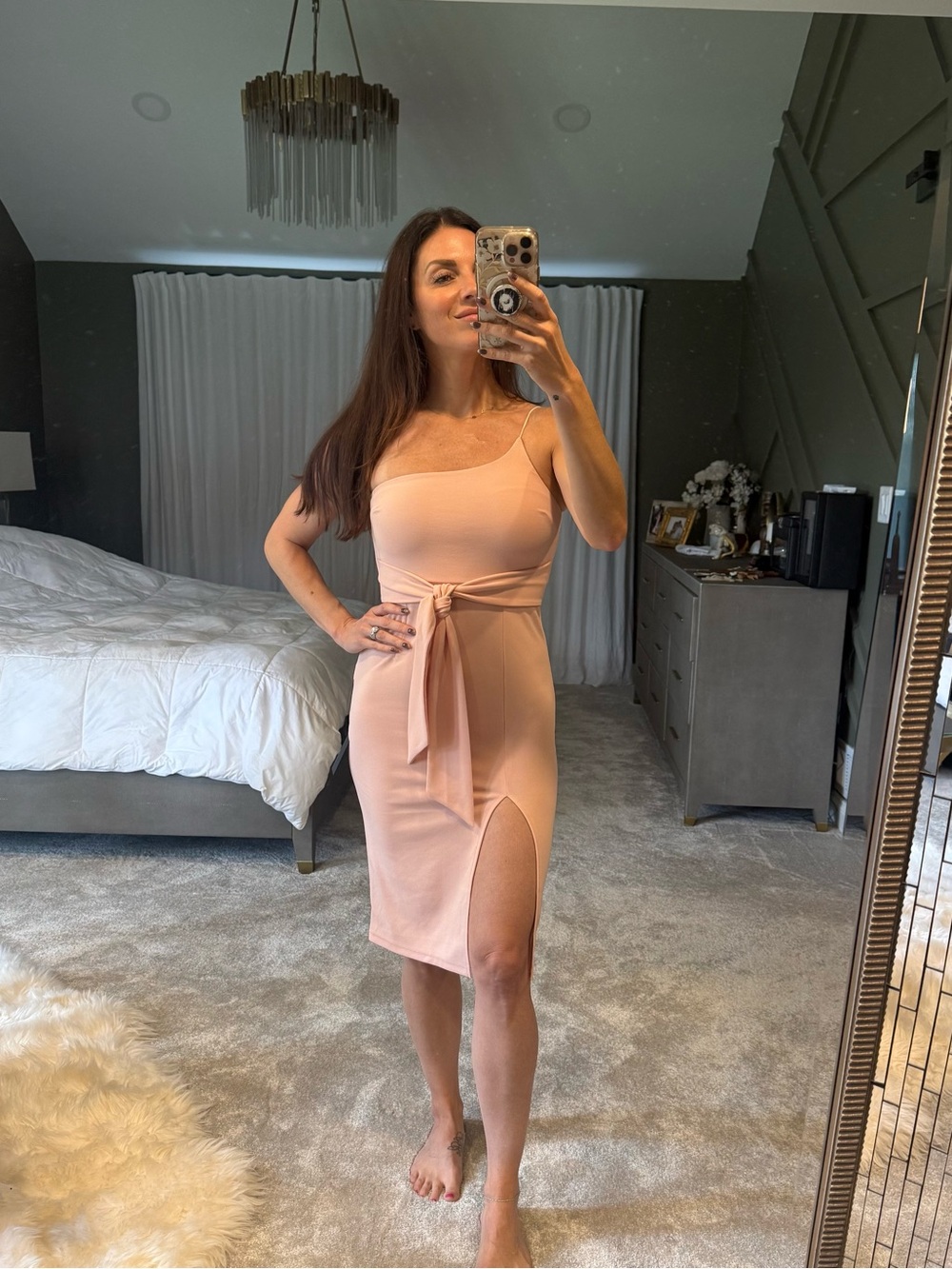 Lulu's Blush Pink One-Shoulder Tie-Waist Midi Dress
